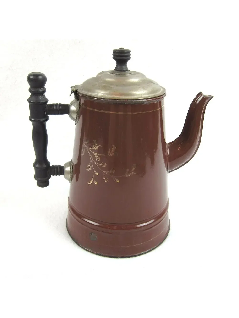 Antique Enamelware Coffee Pot Boiler Brown & Blue Flower Floral Lid Handle RARE